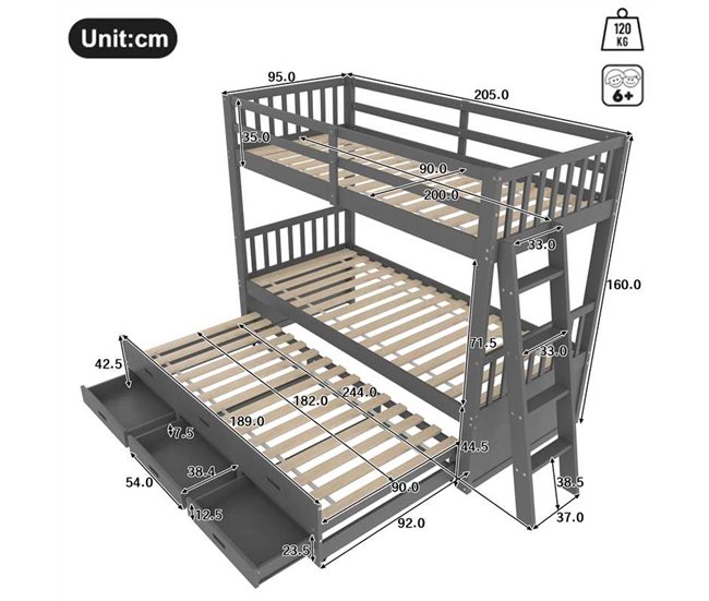 Cama litera 95x244 Gris