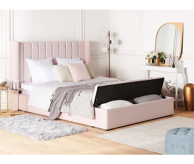 Beliani Cama con banco de almacenaje Terciopelo NOYERS 190x247 Azul Marino