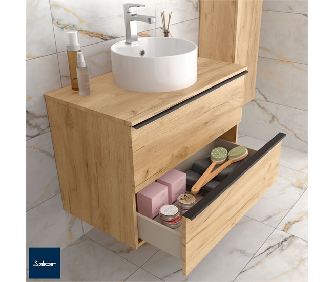 Mueble de baño Nabua con tirador de pestaña | Lavabo sobre encimera 60 Roble