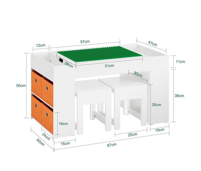 Juego de Mesa Infantil y 2 Sillas Mesa con 8 Cestas SoBuy KMB75-W Blanco