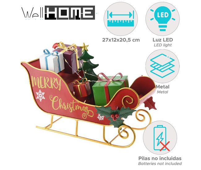 Figura decorativa de trineo con regalos de metal y luces LED Multicolor