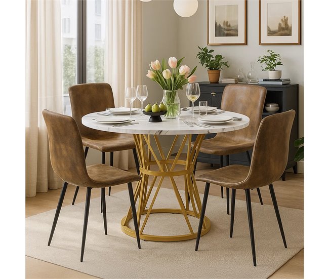 Conjunto mesa redonda efecto mármol y 4 sillas vintage Blanco