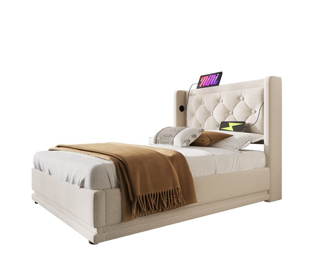 Cama individual de algodón con almacenaje 100x210 Beige