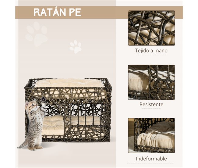 Cesta de Ratán para Gatos Metal, Ratán PE y Algodón PP PawHut Marron