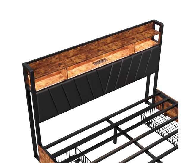 Cama de metal, USB, LED, 4 cajones 160x217 Multicolor