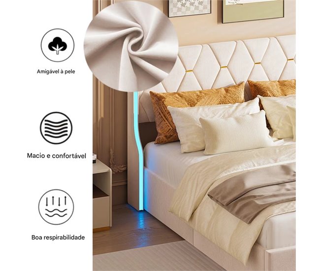 Cama estofada, LED, espaço de armazenamento Beige