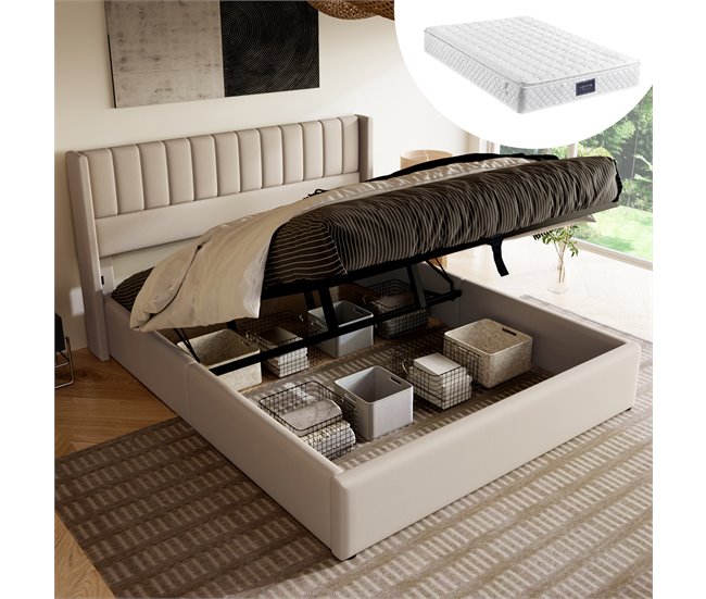 Cama de matrimonio de lino con almacenaje 153x214 Beige