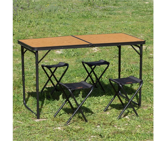 Aktive Mesa plegable aluminio bambú con 4 taburetes Negro/ Madera