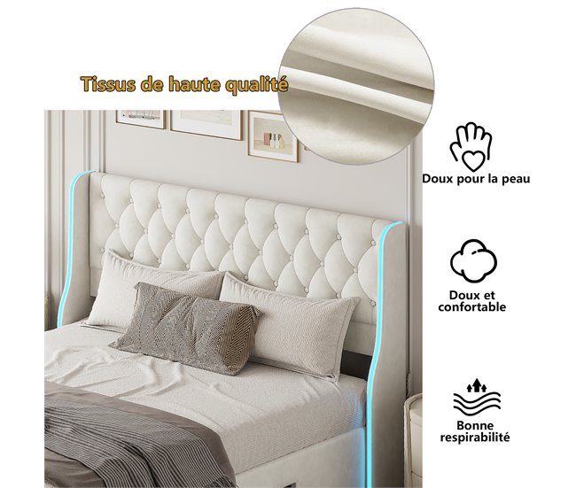 Cama, cajón, cama con canapé, LED, cama funcional Beige