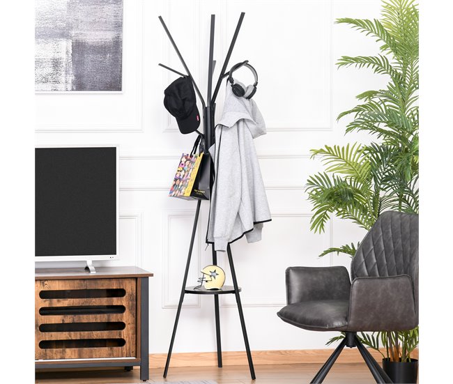 Perchero de Pie Metálico Metal, MDF HOMCOM Negro