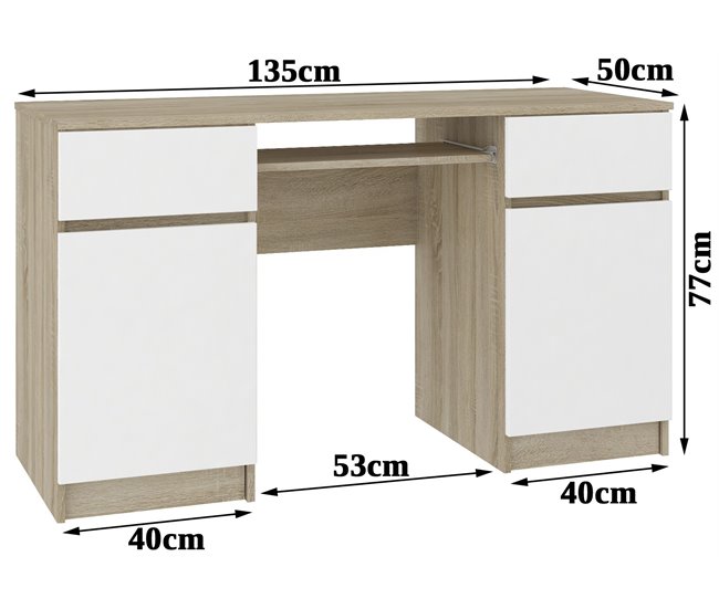 Escritorio A5 AKORD 2 cajones 5 estantes color Roble Sonoma 135x50 Blanco/ Madera