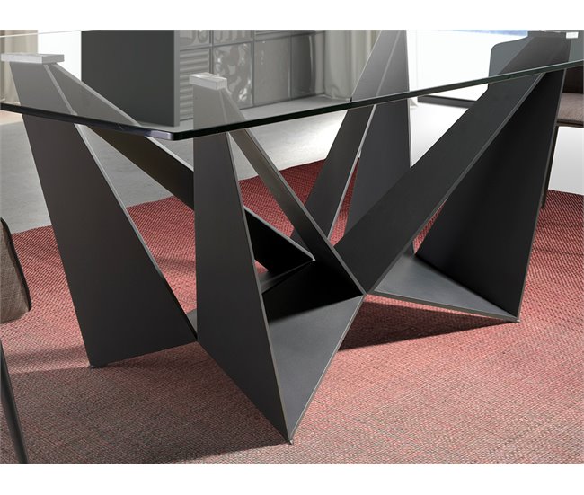 Mesa comedor rectangular cristal templado y acero negro Transparente