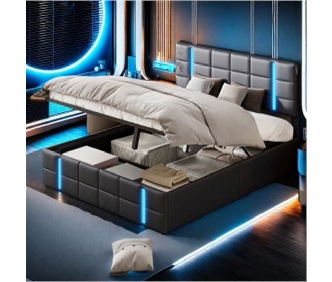 Cama, LED, USB, Tipo-c, Cama juvenil, Cama doble 167x205 Negro