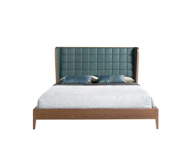 Cama matrimonio tapizada en polipiel  y madera chapada en nogal Verde Oscuro