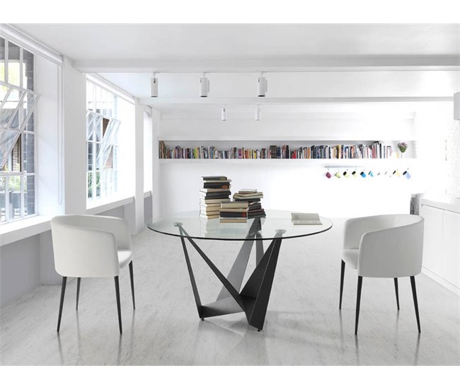 ANGEL CERDA Mesa comedor redonda cristal templado y acero negro 150x150 Transparente