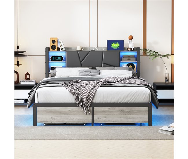 cama, led, usb, cama para adolescentes, cama doble, cajones 140x214 Negro