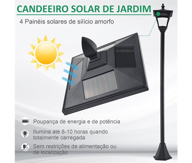 Farola Solar Plástico, Acero Inoxidable Outsunny Negro