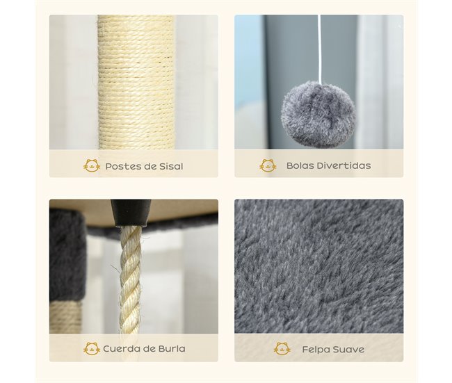 Árbol Rascador para Gatos Aglomerado de Madera, Sisal y Felpa Gris