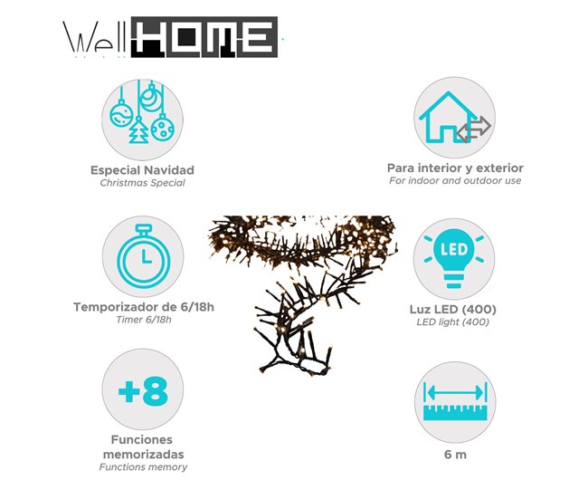 Guirnalda Clúster con 400 Luces LED cálido con Temporizador Dorado
