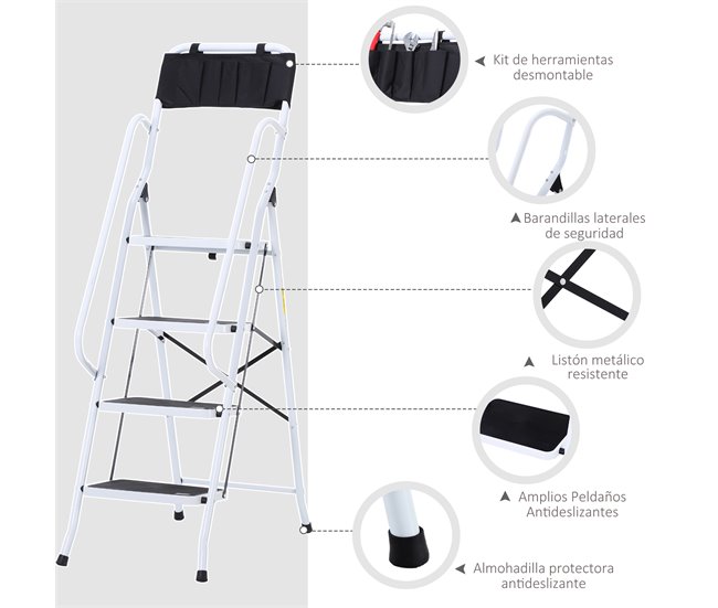 Escalera Plegable Metal, Acero HOMCOM Blanco/ Negro