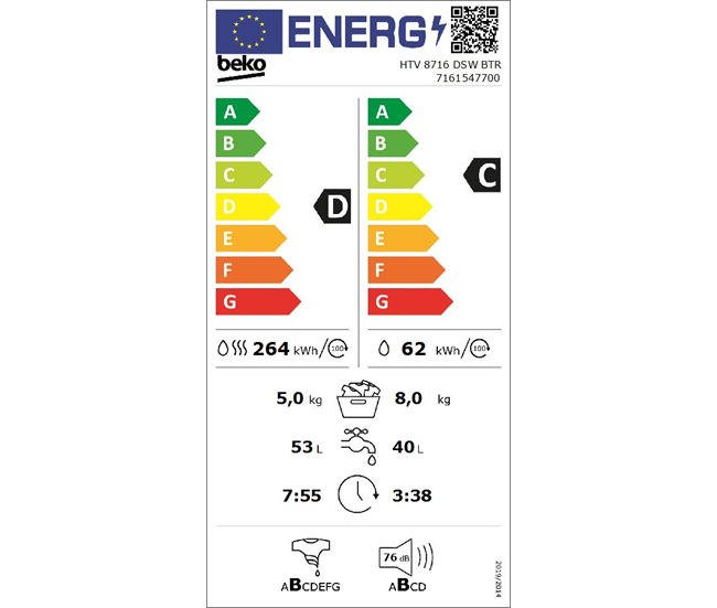 Lavadora-secadora BEKO HTV8716DSWBTR 8kg/5kg 1400 RPM Blanco