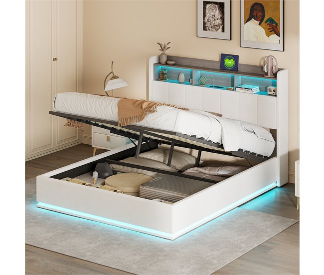 Cama, LED, USB, cama hidráulica, estructura de cama juvenil Beige