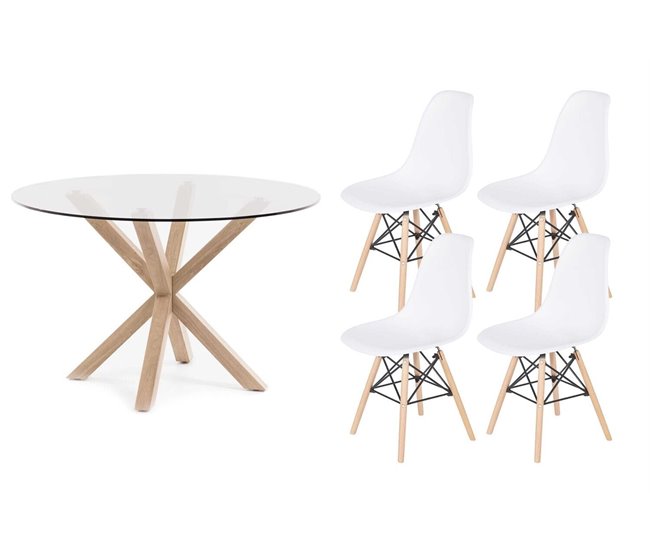 Pack Mesa Redonda de Cristal Templado + 4 Sillas Nordic 120x120 Blanco