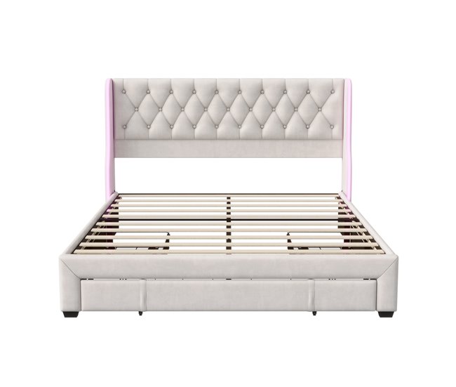 Cama, cajón, cama con canapé, LED, cama funcional Beige