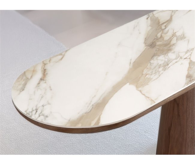 Consola ovalada medio punto mármol porcelánico Nogal