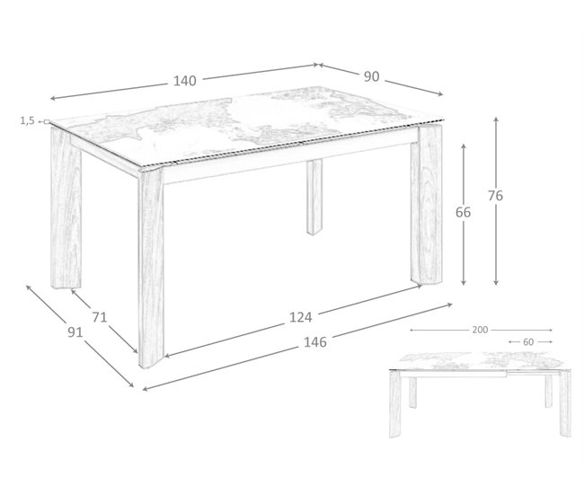 ANGEL CERDA Mesa comedor extensible rectangular mármol porcelánico y nogal 200x90 Natural/ Blanco
