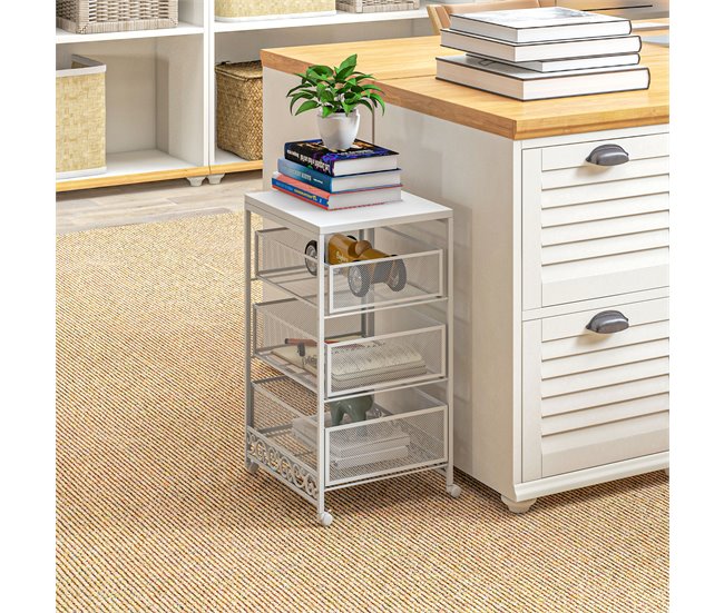 Carrito de Almacenamiento Melamina de Madera, Acero HOMCOM Blanco