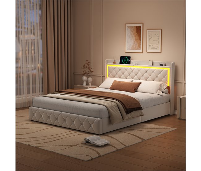 Cama LED, puertos USB, gas, cabecero Beige