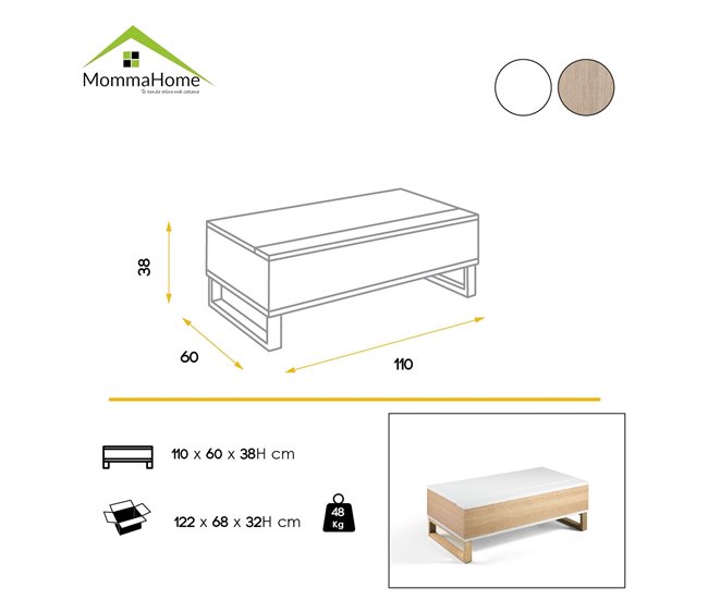 Mesa de Centro Rectangular - Modelo ROYAL Natural/ Blanco