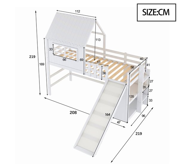 Cama alta para niños 219x208 Blanco