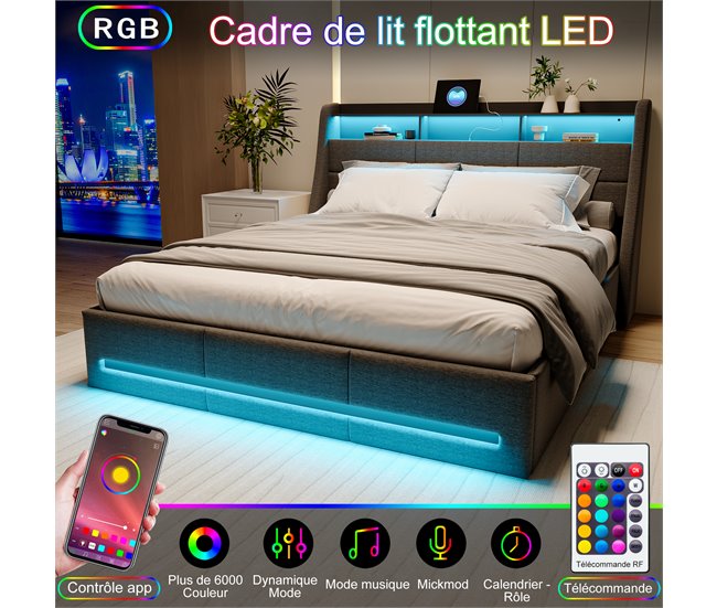 Cama baúl con somier, cama baúl conerto USB tipo C, iluminación LED 172x202 Gris