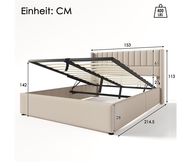 Cama de matrimonio de lino con almacenaje 153x214 Beige