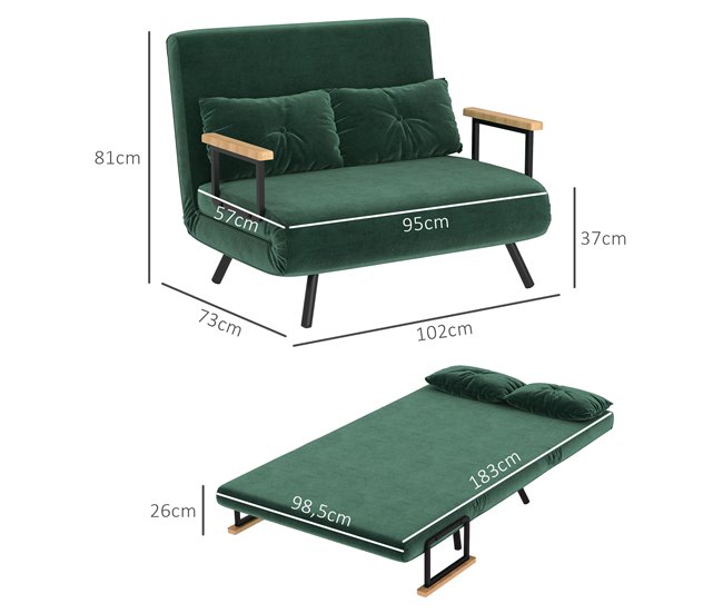 Sofá Cama Doble Terciopelo Sintético, Espuma HOMCOM Verde