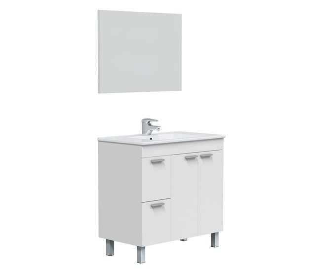 Mueble baño Adam 2 puertas 2 cajones, espejo y lavabo, Blanco brillo Blanco