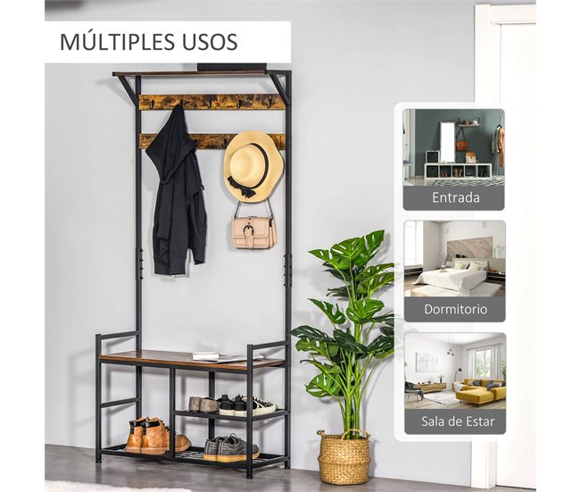 Perchero de Pie con Zapatero Melamina de Madera, Metal HOMCOM Negro