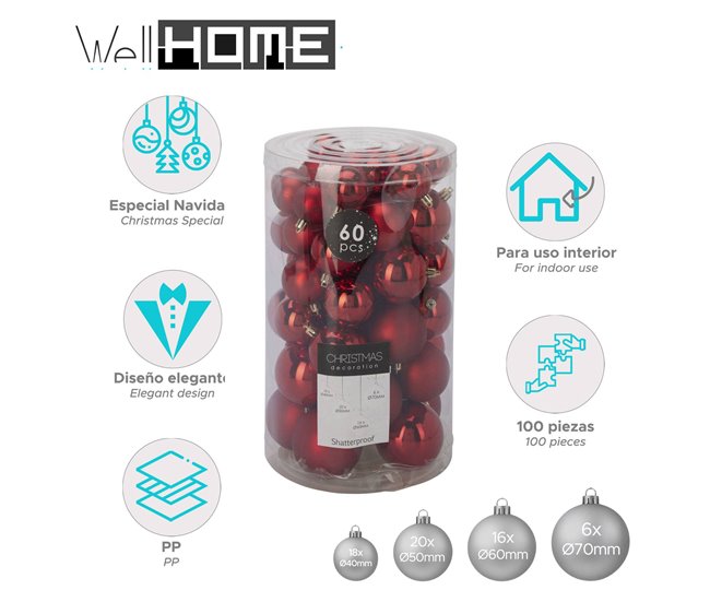 Conjunto de 60 Bolas de navidad, varias dimensiones y acabados Rojo