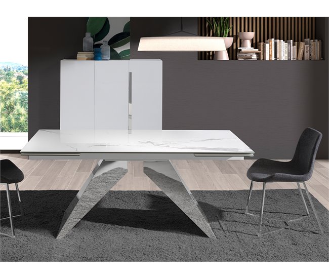 ANGEL CERDA Mesa comedor extensible rectangular mármol porcelánico y acero cromado 240x90 Blanco/ Gris