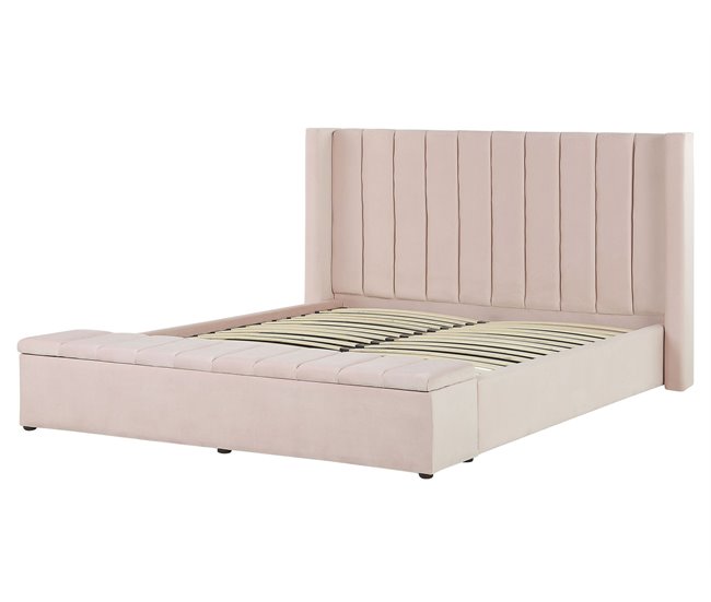 Beliani Cama con banco de almacenaje Terciopelo NOYERS 190x247 Azul Marino