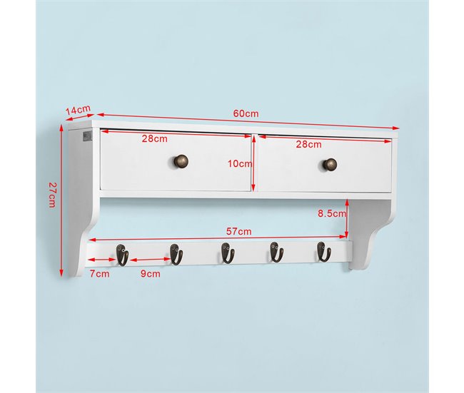 Estantería de Pared con 5 Ganchos y 2 Cajones FRG178-W SoBuy Blanco