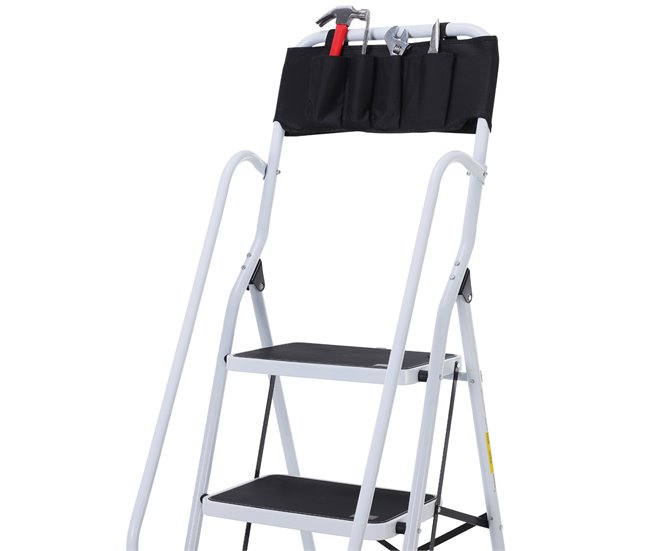 Escalera Plegable Metal, Acero HOMCOM Blanco/ Negro