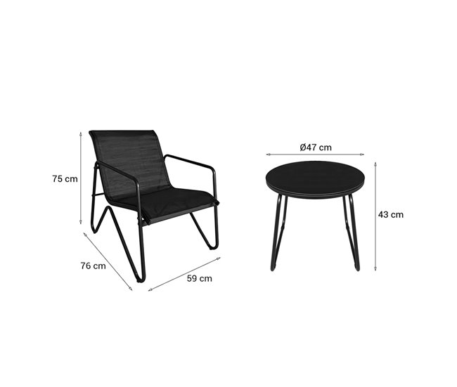 Acomoda Textil – Jardín 2 Sillones + Mesa (3 Piezas) Negro