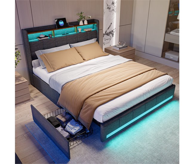 Cama tapizada, LED, USB, Tipo C, 4 cajones Gris