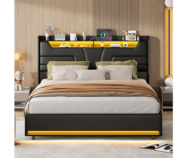 Cama, USB, LED, cama doble, cama funcional 143x211 Negro