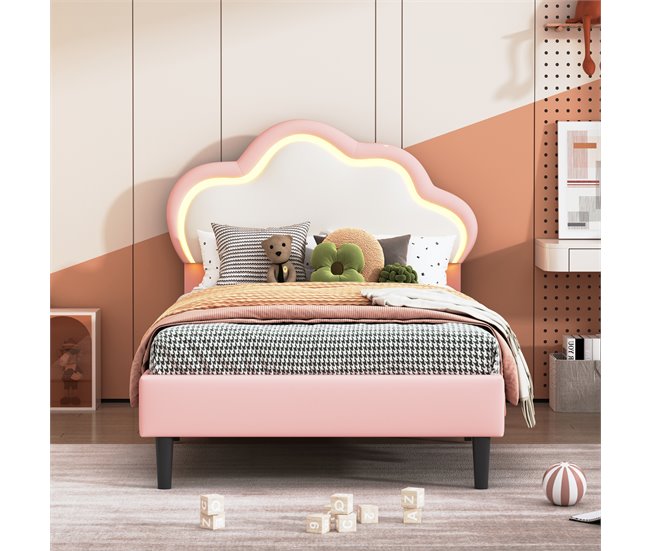 Cama tapizada de con cabecero ajustable, LED 100x202 Rosa