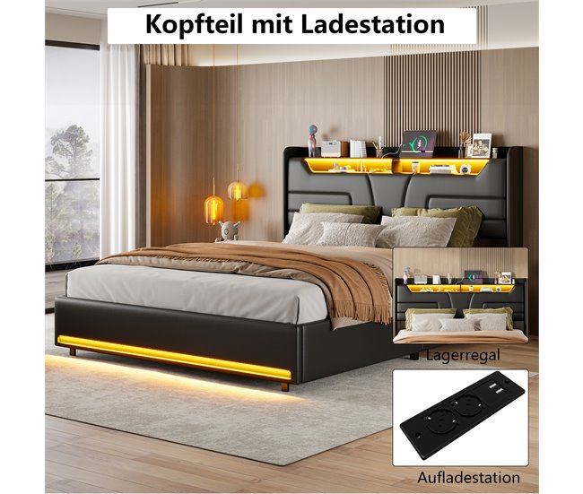 Cama, cama de matrimonio, LED, USB Negro