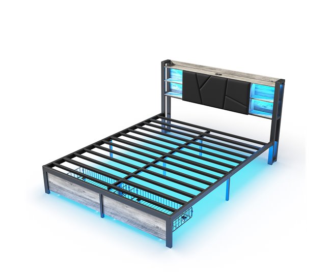cama, led, usb, cama para adolescentes, cama doble, cajones 140x214 Negro